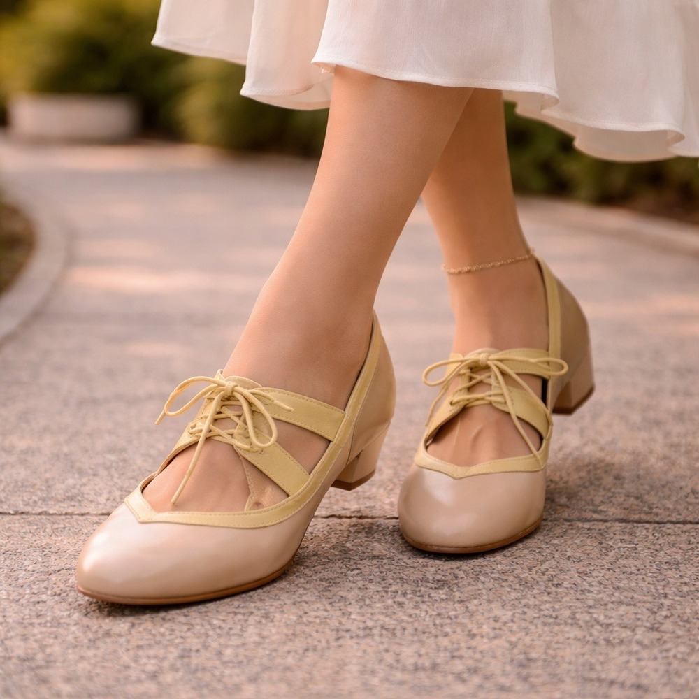 VTG Seychelles Women's Leather Lace Up Cutout Block Heel Shoes Tan Yellow 8 READ